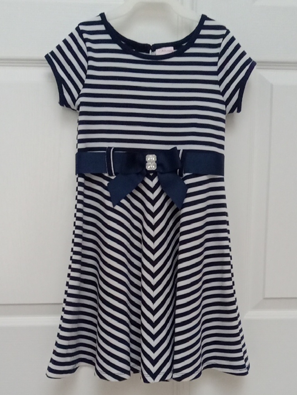Youngland Navy and White Striped Bow-Front Casual Dress